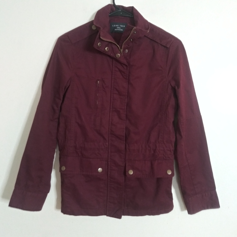 Love Tree Women’s Maroon Cotton Utility Zip Up Jacket Size: Small